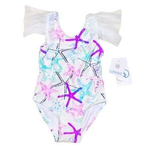 Starfish Print Kids Swim One Piece Tulle Ruffle sleeves sparkle shimmery 2T